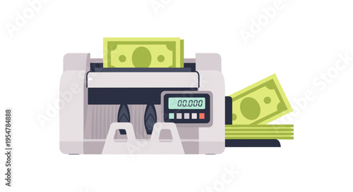 Money counter machine with dollar bills, cash processing