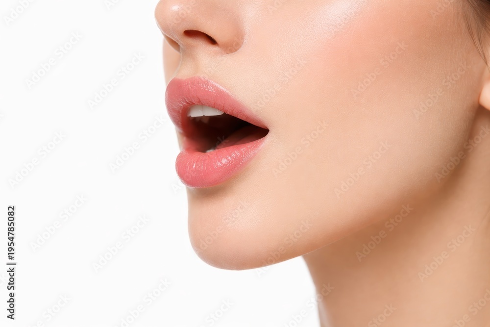 Naklejka premium Closeup of lips and lower face on white background. Ai generative