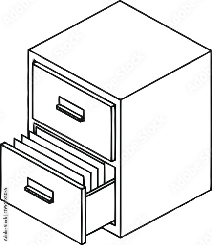 Isometric filing cabinet with open drawer containing organized document folders for office administration and storage work