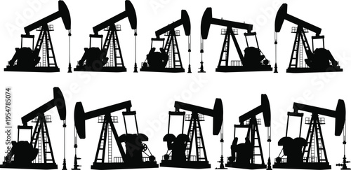 Oil pump jack silhouettes set with industrial petroleum extraction machines isolated vector illustration collection for energy and mining industry