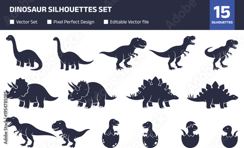 Set of dinosaur silhouettes including T rex, triceratops, stegosaurus and hatching eggs, minimalist vector illustration collection isolated on white background, prehistoric design elements