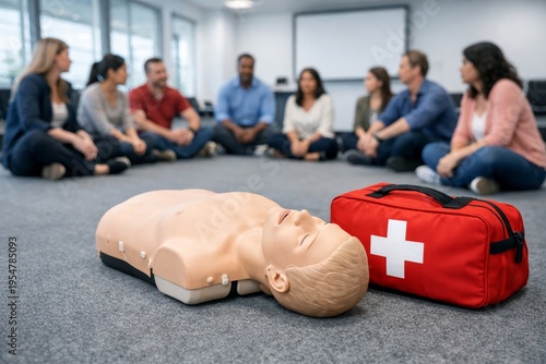 CPR training session with manikin and kit on floor.