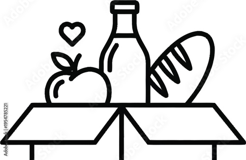 Donation box with grocery food supplies linear icon for charity aid social support community service and volunteering