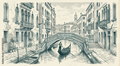 A vintage line art illustration depicts a gondola navigating a canal in Venice, Italy, under a stone bridge lined with historic buildings.