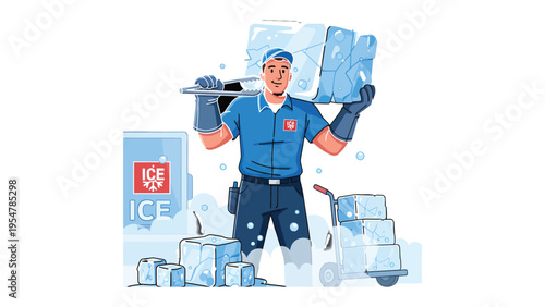 Ice Man: A diligent worker is depicted in the midst of his duties, carrying blocks of ice, highlighting themes of labor, industry, and the demanding nature of his profession.