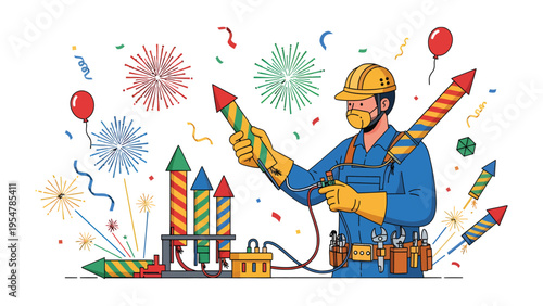Spark of Celebration: An illustration of a pyrotechnician carefully prepares a firework display, igniting the night with vibrant colors and bursts of joy. 