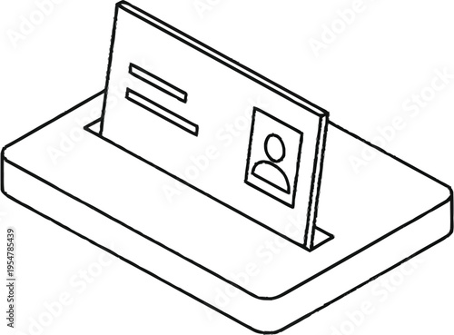 Isometric line art illustration of a business card holder with a card displaying a user icon, professional networking
