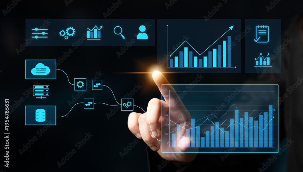 Fototapeta premium Data flow from database and cloud to processing and analytics dashboards, representing data analysis, automation, insight generation, and digital intelligence Latch