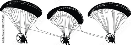 Powered paraglider silhouettes set with paramotor pilots flying parachute wings isolated vector illustration collection for extreme sport and aviation themes