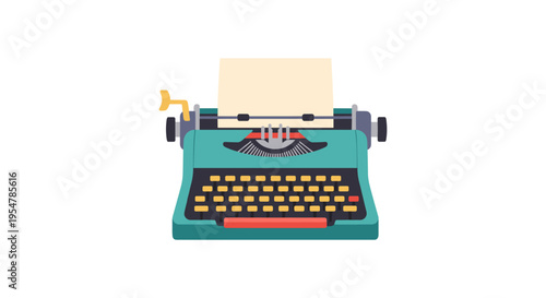 vintage teal typewriter with yellow keys and paper