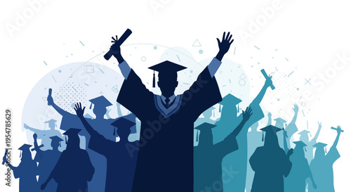 Silhouette of a Group of Students Celebrating Graduation Ceremony with Diplomas and Mortarboards, Educational Achievement Concept Illustration
