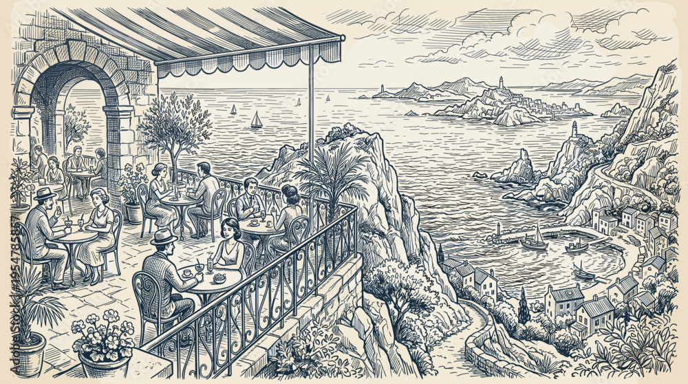 Obraz premium A charming sketch depicts people enjoying drinks and conversation at a quaint outdoor cafe perched on a cliff overlooking a picturesque Mediterranean village and sparkling blue sea.