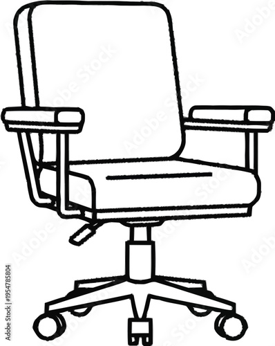 Office chair line art illustration with wheels and armrests showing professional furniture design for workspace comfort