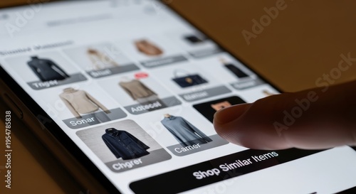 Finger tapping shopping app screen identifying clothes for visual product search. User browsing online store on smartphone. Innovative e-commerce technology for finding similar product.