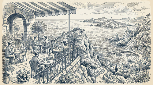 A charming sketch depicts people enjoying drinks and conversation at a quaint outdoor cafe perched on a cliff overlooking a picturesque Mediterranean village and sparkling blue sea.