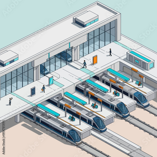 Isometric illustration of a modern train station with multiple platforms and trains.