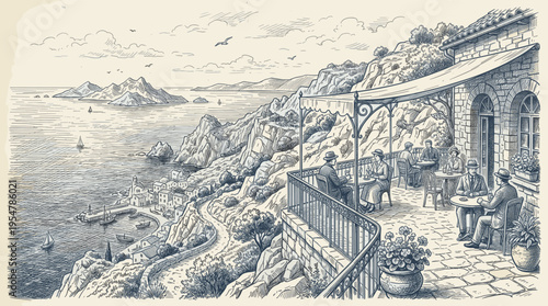 An artistic ink sketch captures people dining at a seaside cafe with a picturesque view of a coastal town and sailboats on the water.