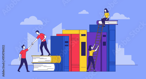 Knowledge and Career Growth Concept with People Climbing Giant Books and Ladder for Education and Success