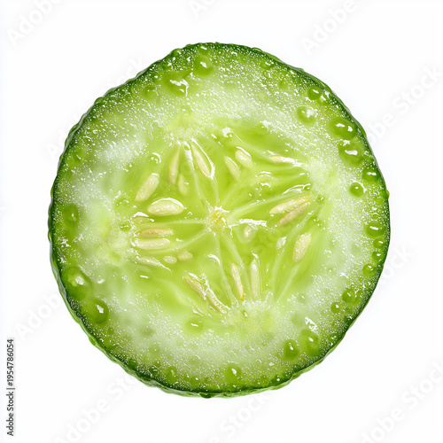 Slice of fresh cucumber, green vegetable, isolated on white background
