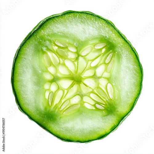 Slice of fresh cucumber, green vegetable, isolated on white background
