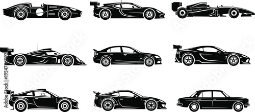 Sports car silhouettes collection with racing and modern vehicles side view isolated vector illustration set for automotive design projects