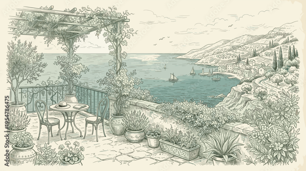Obraz premium A charming illustration of a sun-drenched Mediterranean terrace overlooking a sparkling blue sea dotted with sailboats, offering a serene and idyllic escape.