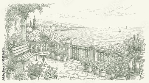 A serene illustration of a Mediterranean terrace filled with potted plants overlooking a coastline and calm sea with sailboats.