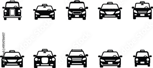 Taxi car front view silhouettes set with different urban cab vehicles isolated vector illustration collection for transport and city service