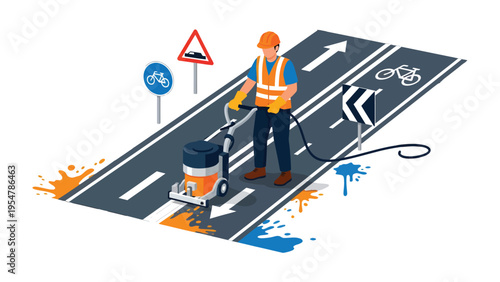 Road Maintenance Technician in Action: A road maintenance technician, clad in safety gear, meticulously operates machinery on a freshly painted roadway.