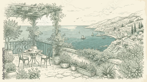 A charming illustration of a sun-drenched Mediterranean terrace overlooking a sparkling blue sea dotted with sailboats, offering a serene and idyllic escape.