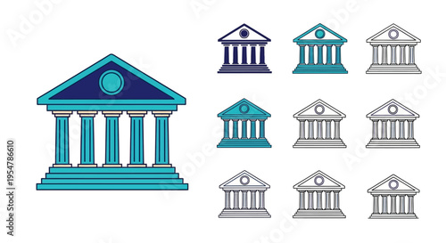 Bank Building Icon Set with Columns - Government, Courthouse, University and Museum Vector Illustration
