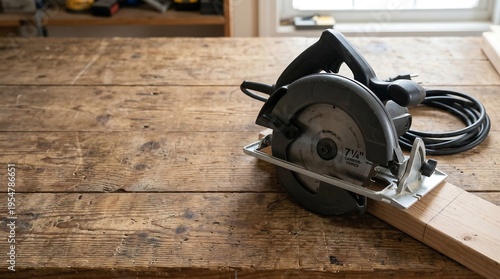 Circular saw on wooden workbench with a piece of wood