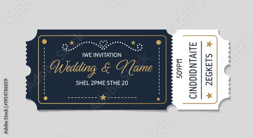 Elegant Navy and Gold Wedding Invitation Ticket Stub Template with Vintage Cinema Theme
