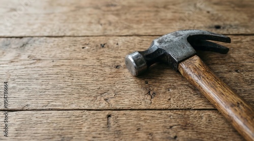 Hammer with wooden handle on wooden surface