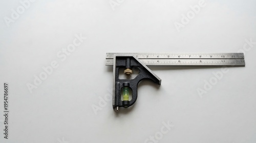 Combination square tool with ruler and level on white background
