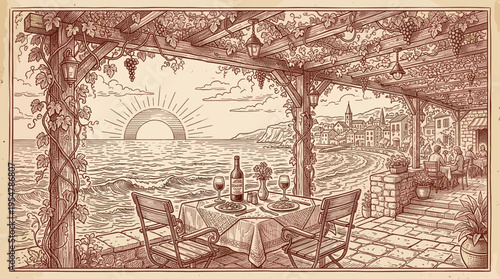 A charming ink drawing depicts a romantic seaside restaurant terrace at sunset, featuring a table set for two with wine and a picturesque coastal town.