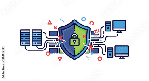 Cybersecurity shield protecting computer network from malware and hacking threats effectively