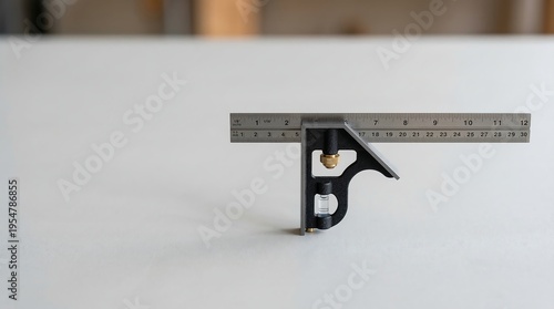 Small black metal tool holding a ruler on a white surface for precise measurement