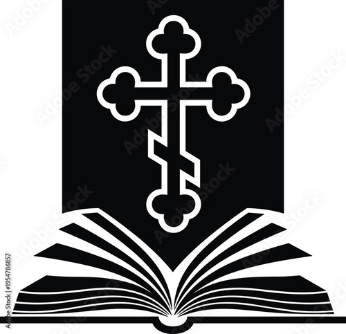 Black and white of a cross over an open book