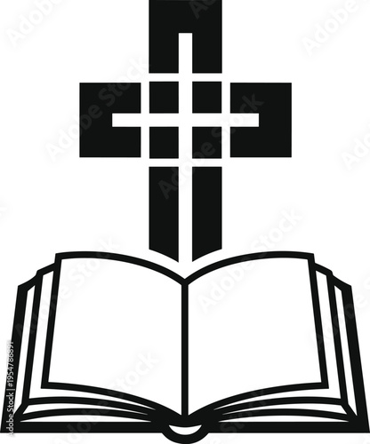 Black and white of a cross over an open book symbol