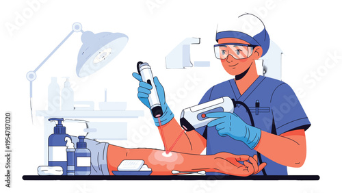 Laser Treatment Procedure: A medical professional employs cutting-edge laser technology, meticulously performing a treatment, highlighting the precision and innovation in modern healthcare. 