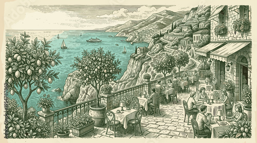 People dine at a picturesque outdoor cafe overlooking a Mediterranean coastline with lemon trees, sailboats, and distant villages in a vintage illustration style.