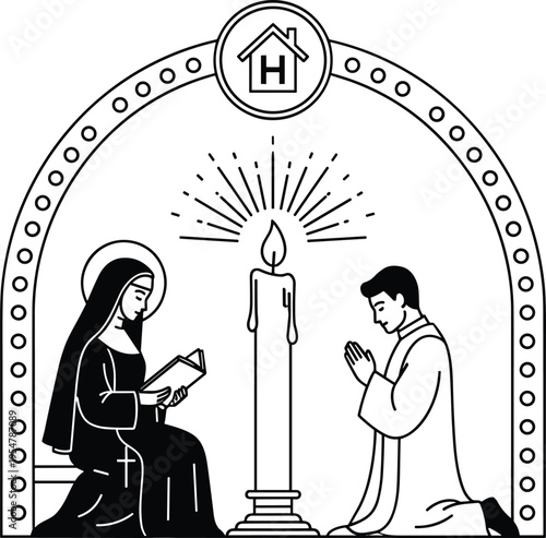 Black and white of a nun reading and a priest praying beside a candle under an arch