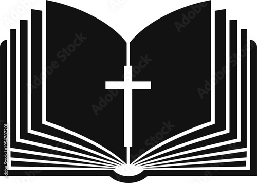 Black and white of an open book with a cross