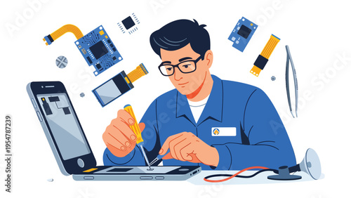 Smart Device Repair Technician: A skilled technician diligently repairs a sleek, cutting-edge smart device with precision, surrounded by electronic components.
