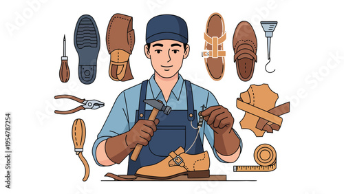 Craftsman's Mastery: A skilled craftsman meticulously works on crafting a leather shoe, surrounded by his tools of the trade, demonstrating expertise and precision.