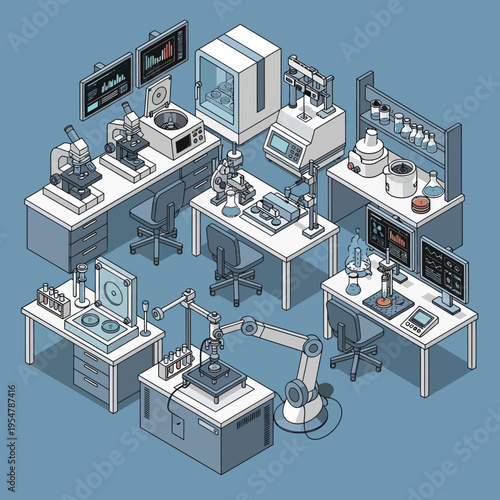 Isometric illustration of a modern laboratory with various scientific instruments and equipment.