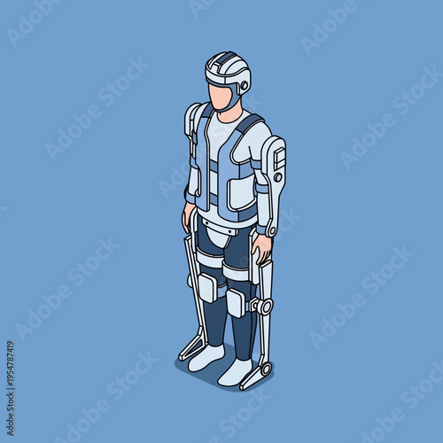 Isometric illustration of a person wearing an exoskeleton suit for enhanced mobility and support.