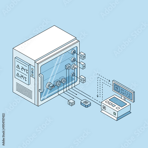 Isometric illustration of a laboratory incubator with monitoring and control equipment.