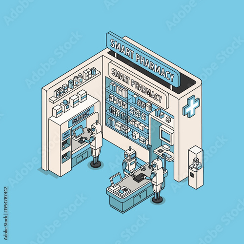 Isometric illustration of a smart pharmacy with robot pharmacists and automated systems.